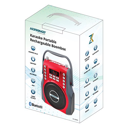KORAMZI-Karaoke-Portable-Boombox-with-Bluetooth-Audio-Streaming-Rechargeable-battery-FM-Radio-AUX-In-35-mm-Audio-Jack-Bluetooth-Electric-Guitar-audio-input-MIC-jack-KS-200RD-Red