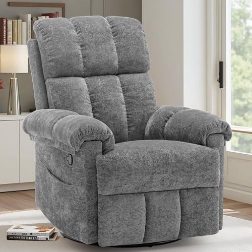 Korser Recliner Chair, Swivel Rocker Recliner Chair for Adults, Small Recliners for Small Spaces, Upholstered Manual Recliner with Side Pockets, Nursery Rocking Chair for Living Room, Chenille, Grey