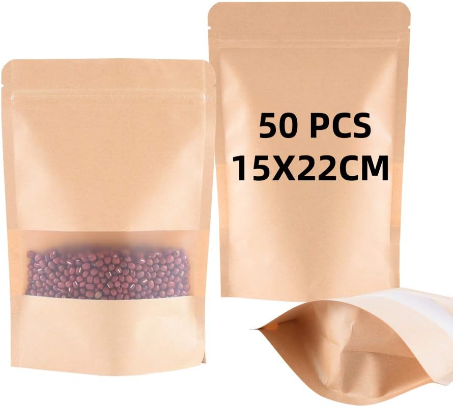 BaoWnylz 50pcs Kraft Paper Bag with Window(15x22x5.5cm),Bath Salt Packaging, Waterproof and Moisture-Proof, Reusable