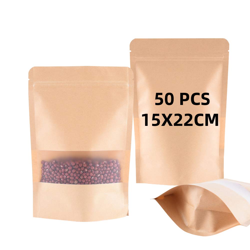 BaoWnylz 50pcs Kraft Paper Bag with Window(15x22x5.5cm),Bath Salt Packaging, Waterproof and Moisture-Proof, Reusable, Suitable for Dried Fruit Coffee Tea Seeds