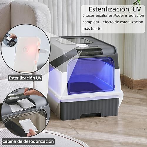 RJIHOEN Caja de Arena para Gatos Plegable,14 * 19 * 14 in Grande Cerrado Plástico Orinal para Gato,Equipada con luz Ultravioleta y Pala para Arena, fácil de Limpiar, a Prueba de olores y Salpicaduras