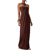 OYOANGLE Women's Sleeveless Halter Maxi Dress Metal Decor Twist Ruched Beach Wedding Guest Dress