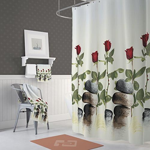 Fabric Rose Shower Curtain with Hooks, Flowers on Lake Pattern Nature Romantic Watercolor Effected for Bathroom, Red 72 x 78 Inches