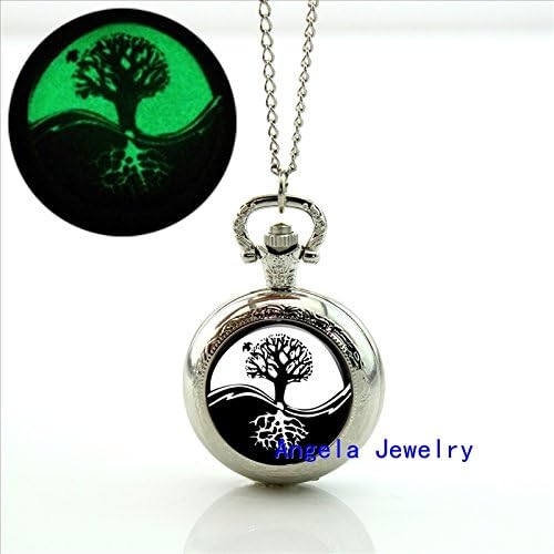 Pretty Lee Fashion Glow in The Dark Yin-Yang Locket Necklace Tree of life Glass Jewelry Vintage Pocket Watch Necklace