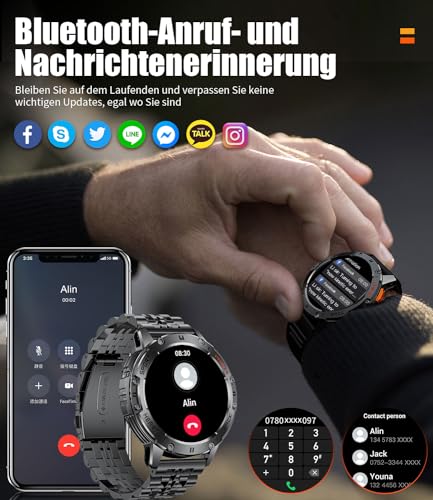 ESFOE Men's Smart Watch, 1.43 inch AMOLED Smartwatch Military Man with LED Flashlight/530mAh/5ATM Waterproof/Calls/120 Sports Modes/Heart Rate Monitor/Pedometer Android iOS Black