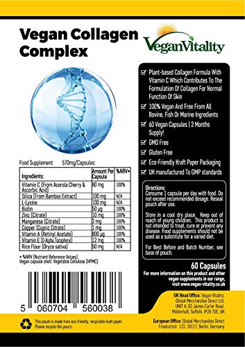 Vegan Collagen Capsules for Skin, Hair, Nails, Joints & Bones with Biotin, Lysine, Bamboo Silica, Zinc, Vitamin C, E & A. 2 Months Supply. Plant Based Collagen Booster for Vegans and Vegetarians