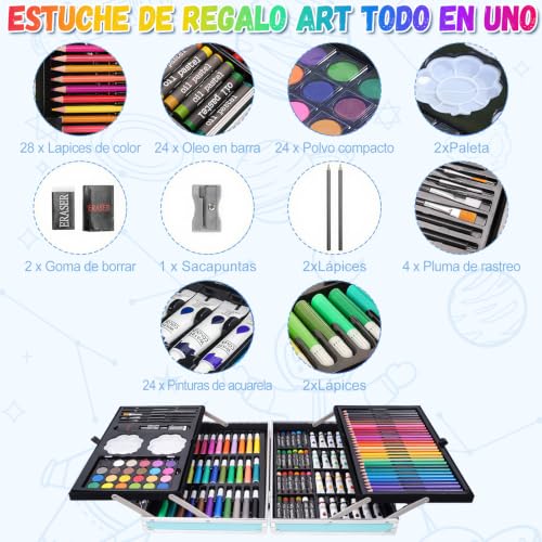ZZBIFRJ Set de Arte Profesional Plegable de Aluminio, 145 Piezas Kit de Dibujo en Color, Lapices de Colores Profesionale Ideal Regalo para Niños (Astronautas)