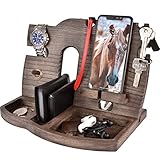 Wood Cell Phone Stand Smartwatch Wallet Holder. Man Cave Decor Multiple Gadget Dock Mobile Accessory Organizer. Nightstand Charging Docking Station Dad Wooden Desk Storage. Bed Side Dresser Valet Tray