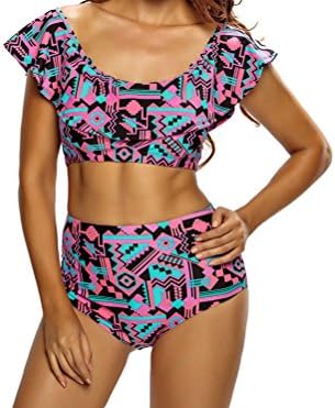 YeeATZ Women Abstract Geometry Print Ruffle 2pcs Swimsuit(Size,L)