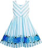 Sunny Fashion Girls Dress Striped Rose Print Tulle Blue