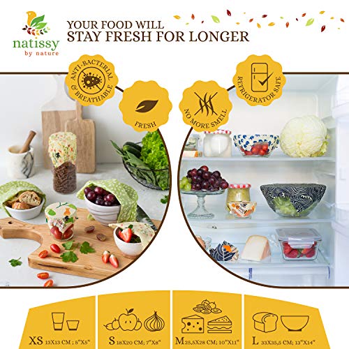 Beeswax Wraps for Food, Set of 6 Organic Bees Wax Paper for Bread, Cheese, Sandwiches; Reusable Bee Wax Wrap for Covering Bowls; Washable Beeswax Paper; Sustainable Beeswax Cloth Cover for Eco Kitchen