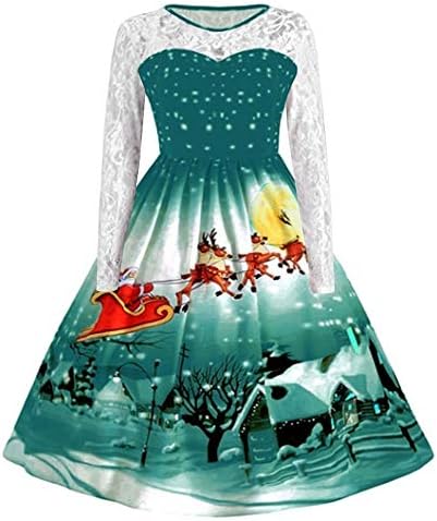 Caopixx Women's Vintage Christmas O-Neck Printed Lace Long Sleeve A-Line Swing Gifts Fit Dress