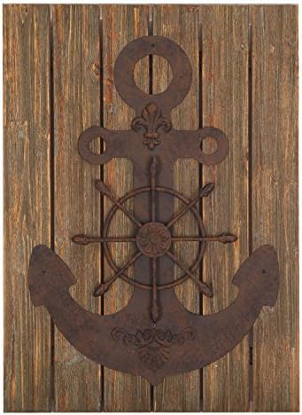 Deco De Ville Contemporary Modern Design Nautical Style Wheel and Anchor Aqua Theme Metal Wall Sculpture Marine Decor