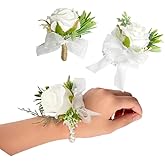 Rikyo 2Pcs White Rose Flower Wrist Corsage Boutonniere Set,3" White Corsage and Boutonniere Set, Wrist Corsage Wristband,Brides Wedding Flowers Accessories Prom Suit Decor