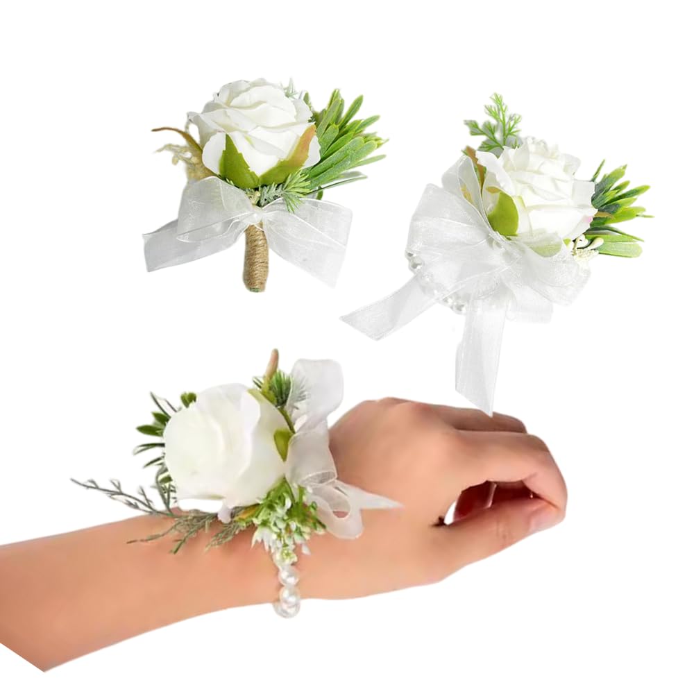Rikyo 2Pcs White Rose Wrist Flowers Men's Corsage Wedding Flowers Ceremony, Boutonniere Buttonholes and Wrist Corsage Wristband Wrist Corsage,Brides Wedding Flowers Accessories Prom Decor