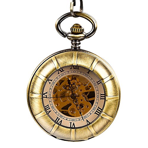 Carrie Hughes Men's Steampunk Full hunter style Gold Skeleton Mechanical Pocket Watch With Chain Gift Box (CHPW16)