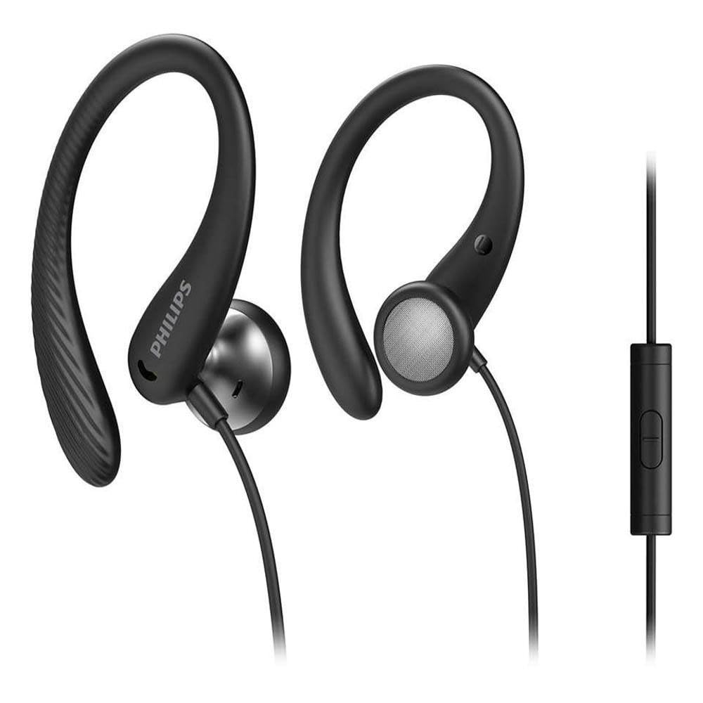 PHILIPS A1105 in-Ear Sports Wired Headphones with Ear Hooks for Secure Fit, Deep bass, in-line Remote Control and Microphone, Sweat-Resistant, 3.5 mm Connector TAA1105BK