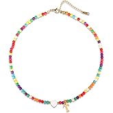 Mikovivi Initial Beaded Necklace, Colorful Cute Beaded Necklace with Heart Shells Stylish Letter Pendant Necklace Handmade Personalized A-Z Gifts for Women Girls (Letter T)