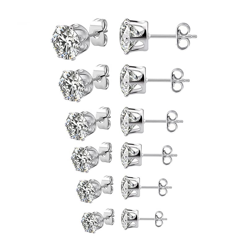 Aoen 6PCS 925 Sterling Silver Earrings for Women Stud Earrings, 5A+ Cubic Zirconia Size: 3/4/5/6/7/8mm Tiny/Small Hypoallergenic earrings Set | Cubic Zirconia Stud Earrings for Women Girls