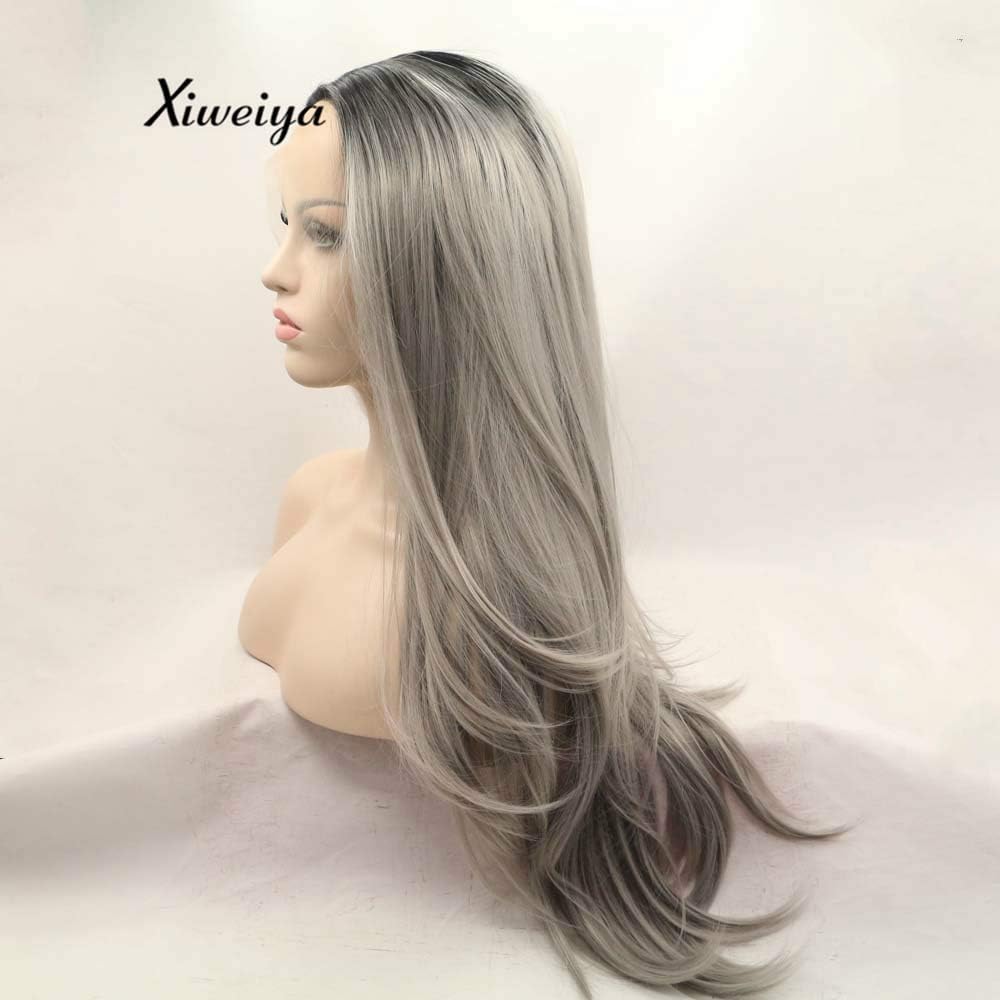 Xiweiya Black/Silver Grey Ombre Natural Straight Synthetic Lace Front Wigs Premium Grey Straight Wig With Dark Roots Heat Resistant Fiber Hair For Women Middle Part - Image 3