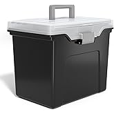 Staples File Folder Tote, Portable Filing Box for Letter Size Hanging Files | Black/clear tote with security latch and built-in lid organizer for easy file transport.