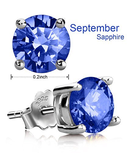 UHIBROS Sterling Silver Ear Stubs Birthstone Stud Earrings Round Cubic Zirconia Diamond September Earring