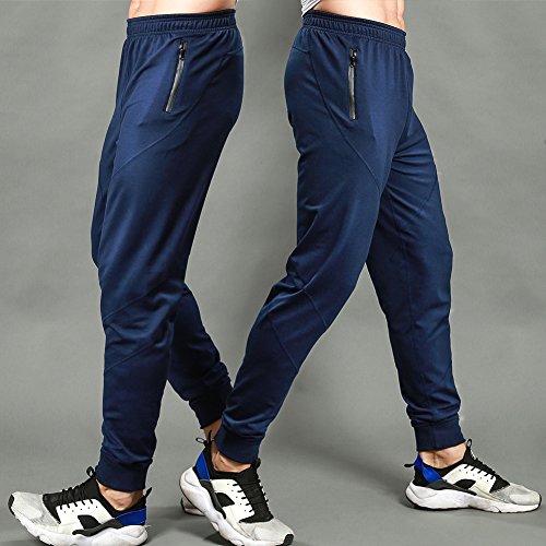 Gerlobal Mens Joggers Pants Active Casual Gym Workout Running Sweatpants With Zipper Pockets Blue,Small
