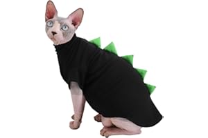 KITIPCOO Dinosaur Design Sphynx Hairless Cat Clothes Cute Breathable Summer Cotton Shirts Cat Costume Pet Clothes,Round Collar Kitten T-Shirts with Sleeves, Cats & Small Dogs Apparel (XL (9-12 lbs), Black)