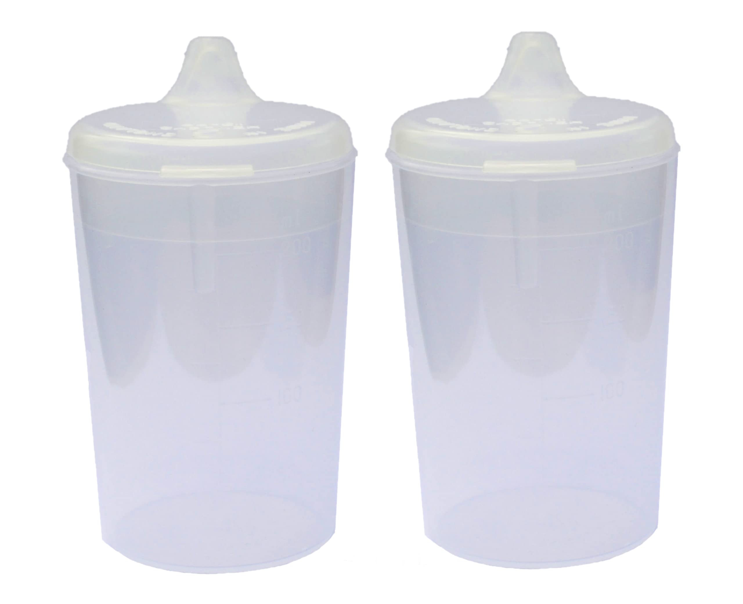 Lizzyoftheflowers 2 Pack - Clear, Narrow Spout, Adult Beakers for Elderly Non Spill. Graduated Measurements and Controllable Flow Lid - Dishwasher and Microwave Safe