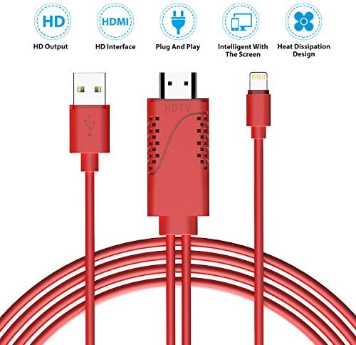 Lightning to HDMI, KingYue Lightning Digital AV to HDMI Adapter, 1080P HDTV Cable with Cooling Vents for Apple iPhone X/8/ 7/ 6/ 5 Series, iPad, iPod Touch,Plug and Play (Red)