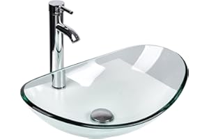 SOLIDEE Bathroom Boat Shape Artistic Glass Vessel Sink Free Chrome Faucet and Pop-up Drain Set, Clear