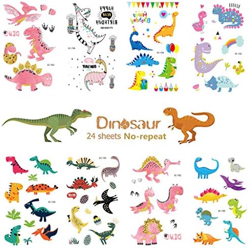 LIskybird Dinosaur Temporary Tattoos For Kids Boys Birthday Party 300 Tattoos (Pack of 24 Sheets) Waterproof Dinosaur Stickers Party Supplies Party Favors