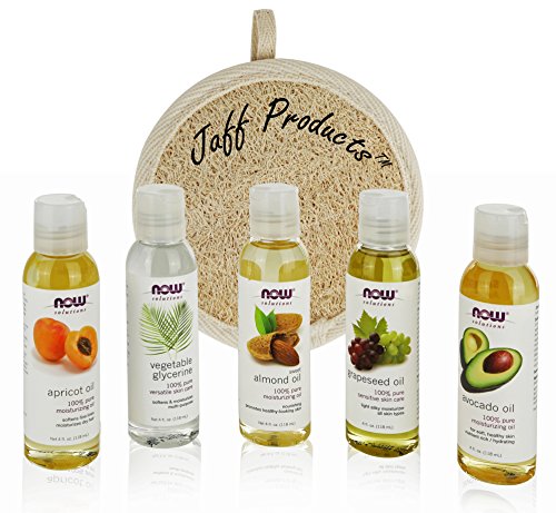 New Now Foods Solutions 5 Pack - Carrier Oil Gift Set: Almond Oil - Grapeseed Oil - Avocado Oil - Apricot Oil - Vegetable Glycerine Oil 100% Natural Moisturizing Massage 4 Oz - Free Loofah Sponge â€¦