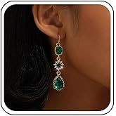 Yheakne Vintage Green Emerald Dangle Earrings Green Crystal Drop Earring Teardrop Emerald Earring Long Chandelier Earrings Jewellery for Women