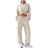 YIPINK Women 2 Piece Outfits Long Sleeve Twist Front Cropped Sweatsuit High Waist Wide Leg Pants Lounge Matching Sets