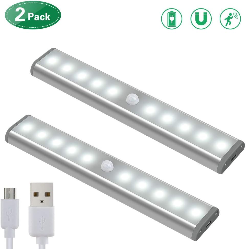 Led Motion Sensor Closet Lights,USB Rechargeable Battery Powered 10 LED Cupboard Lighting,Kitchen Under Cabinet Light,Magnetic Wardrobe Lights Stick on Anywhere for Drawer/Stairs/Garage(2 Pack)