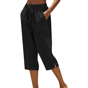 Elastic Waist Loose Straight Linen Cotton Capris, Cropped Pocketed Trousers for Womens Spring and Summer Casual Wear