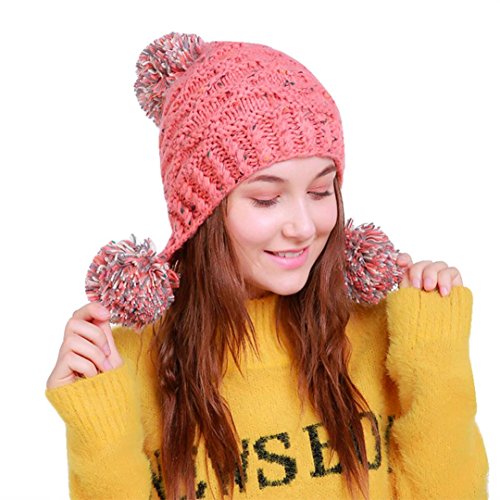 Women Knit Hat, Elogoog Warm Peruvian Beanie Wool Winter Ski Hat Cap with Earflap Pom (Pink) - Thumbnail 3