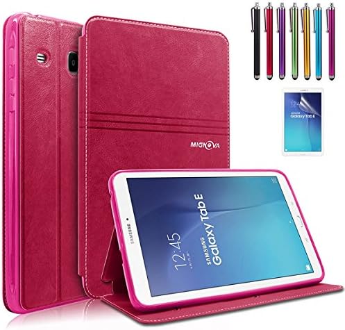 Mignova Slim-Fit Synthetic Leather Folio Book Cover Case - Card Pocket, Kickstand Feature for Samsung Galaxy Tab E 8.0 inch SM-T377 + Free Screen Protector and Stylus (Pink)