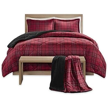Comfort Spaces Aaron Sherpa Comforter Set Throw Combo 4 Piece Checker Plaid Pattern Red King Size Ultra Softy Fluffy Warm Includes 1