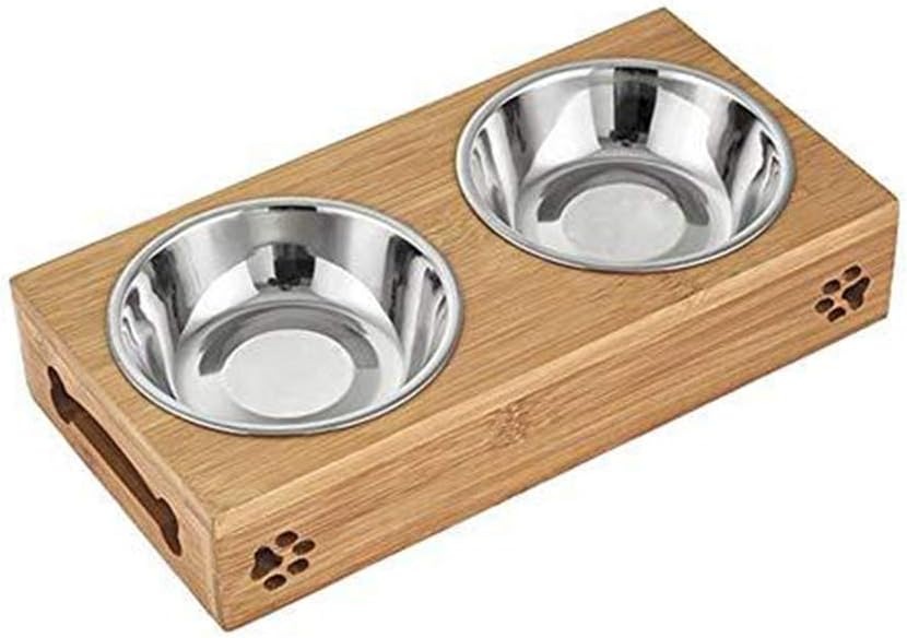 Elevated Pet Bowls with Wooden Stand Pet Feeder for Cats and Dogs,Bamboo Elevated Dog Cat Food and Water Bowls Stand Feeder with 2 Bowls