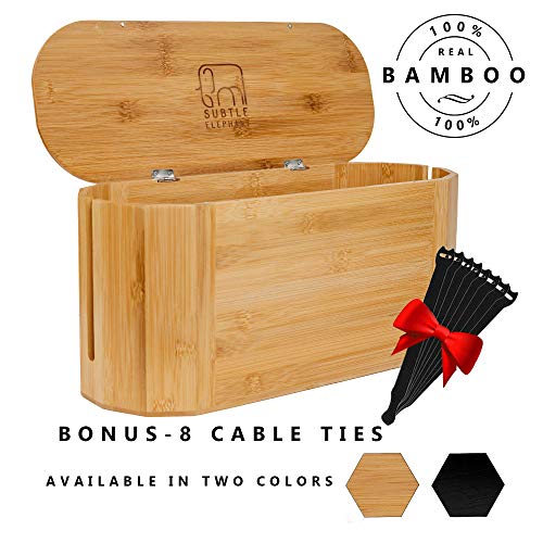 Large Bamboo Cable and Cord Management Organizer Box: X-Large Wire Cover and Cablebox for Power Strip and Surge Protector. Hide White and Black Cords to Baby Proof Your Small Electrical Storage