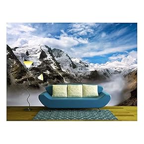 Majestic Mountain Range in The European Alps on a Beautiful Day, with Fog in The Valley - Removable Wall Mural | Self-Adhesive Large Wallpaper - 66x96 inches
