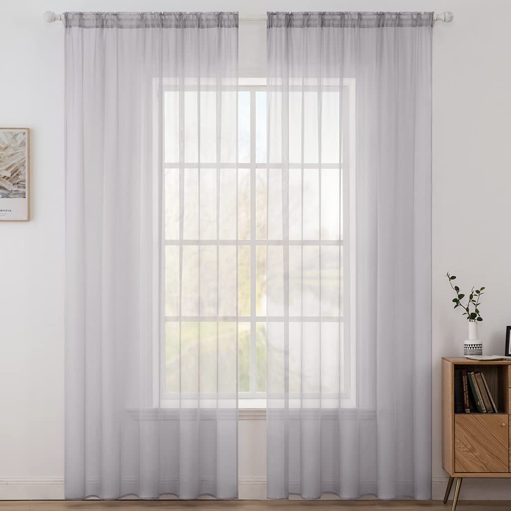 MIULEE 2 Panels Solid Color Sheer Window Curtains Smooth Elegant Window Voile Panels/Drapes/Treatment for Bedroom Living Room Light Gray 55" Wx63 L, Rod Pocket