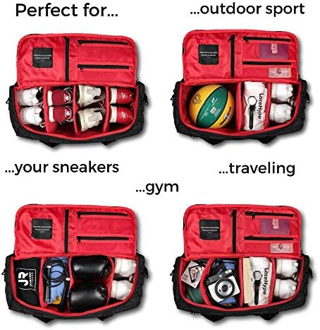 PREMIUM Sneaker Bag, Duffel Bag, Gym Training Bag, Travel Bag, Basketball Bag, Footbal Bag with 3 adjustable compartment dividers (Black/red without print) 3 PREMIUM Sneaker Bag, Duffel Bag, Gym Training Bag, Travel Bag, Basketball Bag, Footbal Bag with 3 adjustable compartment dividers (Black/red without print)