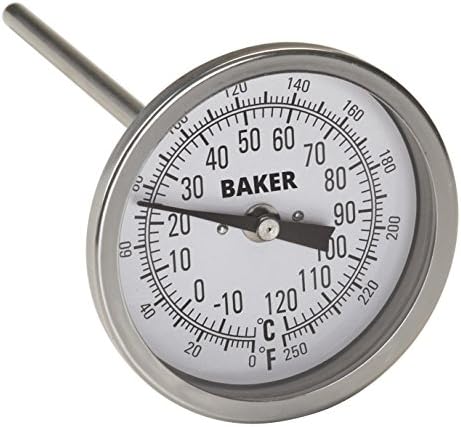 Baker Instruments T300 Series Stainless Steel Bi Metal Thermometer 0 to 250°F (-20 to 120°C), 2-1/2" Stem, 1/2" NPT Straight Connection, 3" Dial