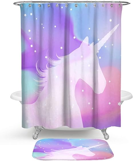 KISY - Juego de 2 Cortinas de Ducha con diseño de Unicornio y Estrellas y Lunares y