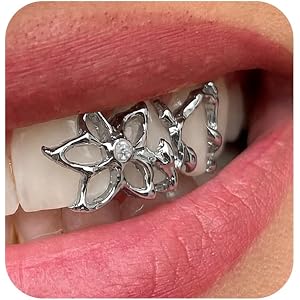 Flower Moon Grillz for Women Men Front Teeth Charm with CZ Accent Gold Silver Tone Hip Hop Mouth Jewelry for Party Performanc