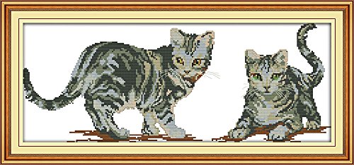 Cross Stitch Embroidery Starter Kit including classic reserve Aida colored threads and tools Two Little Cats (No Frame)