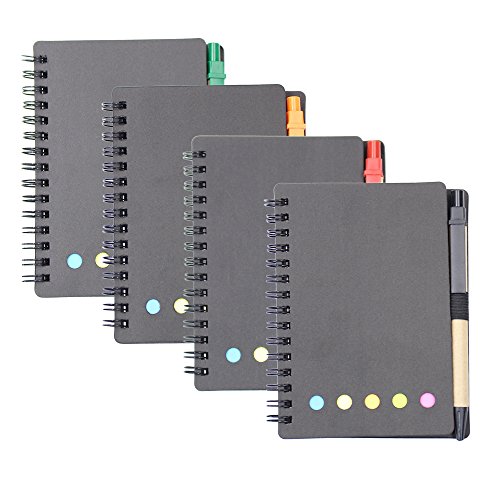 MoMaek 4 Sets Spiral Notebook Cover Paper Steno Pocket Notepad with Pen in Holder, Sticky Notes and Page Marker Index Tabs Flags (Black) - Thumbnail 4